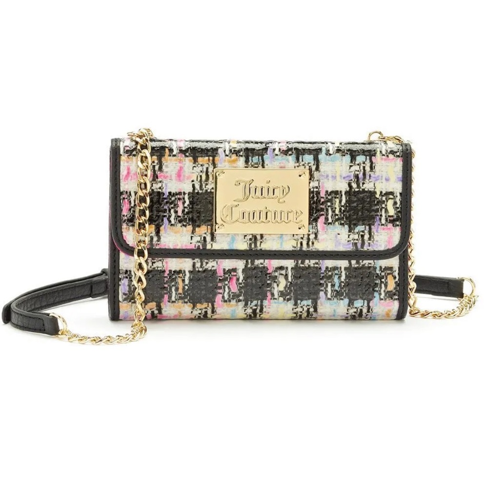 •Juicy Couture Wallet Purse Crossbody Tweed Plaid Design W/Leather Chain